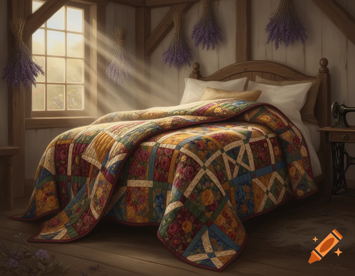 Sunlight streams through a window onto a colorful, intricate patchwork quilt on a bed in a rustic bedroom with hanging lavender.
