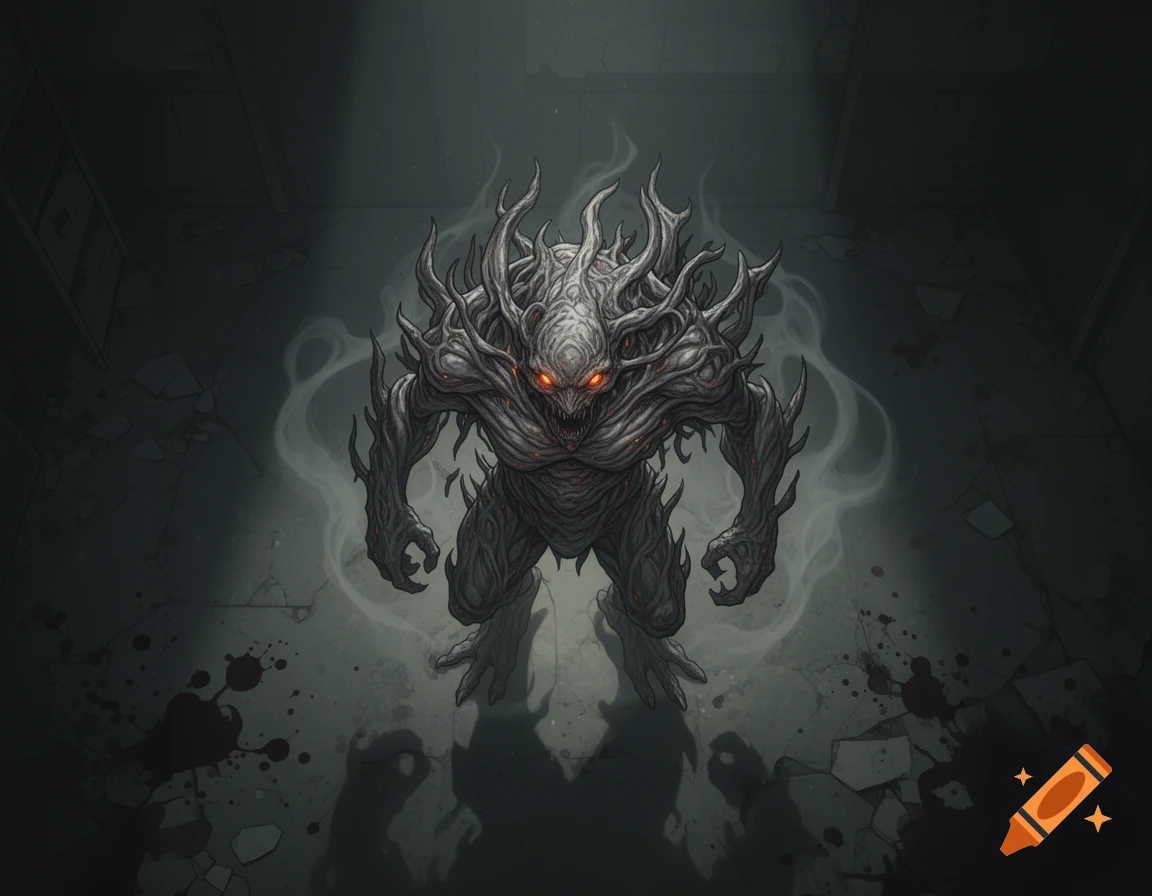 A terrifying, gnarled monster with glowing red eyes and sharp teeth ...