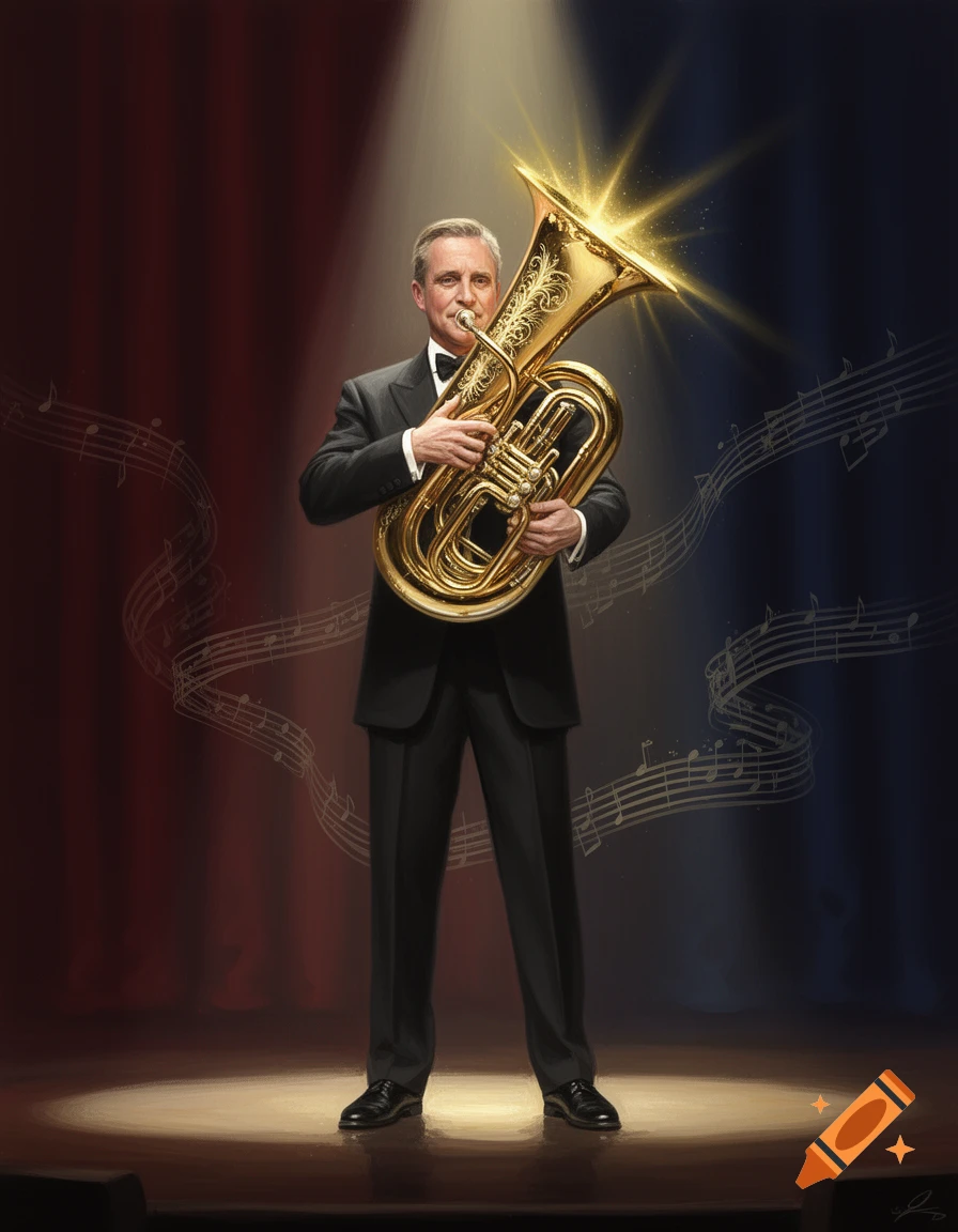 A man in a suit plays a glowing golden euphonium under a spotlight on a stage with musical notes in the background.