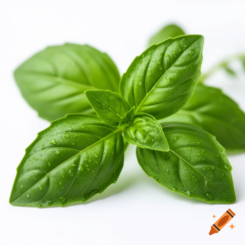 Fresh green basil leaves with water droplets on a white background, macro shot.
