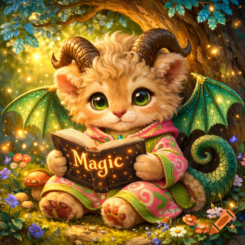 A cute, fluffy chimera-like creature with goat horns, dragon wings, and a snake tail reads a "Magic" book in a sparkling forest.