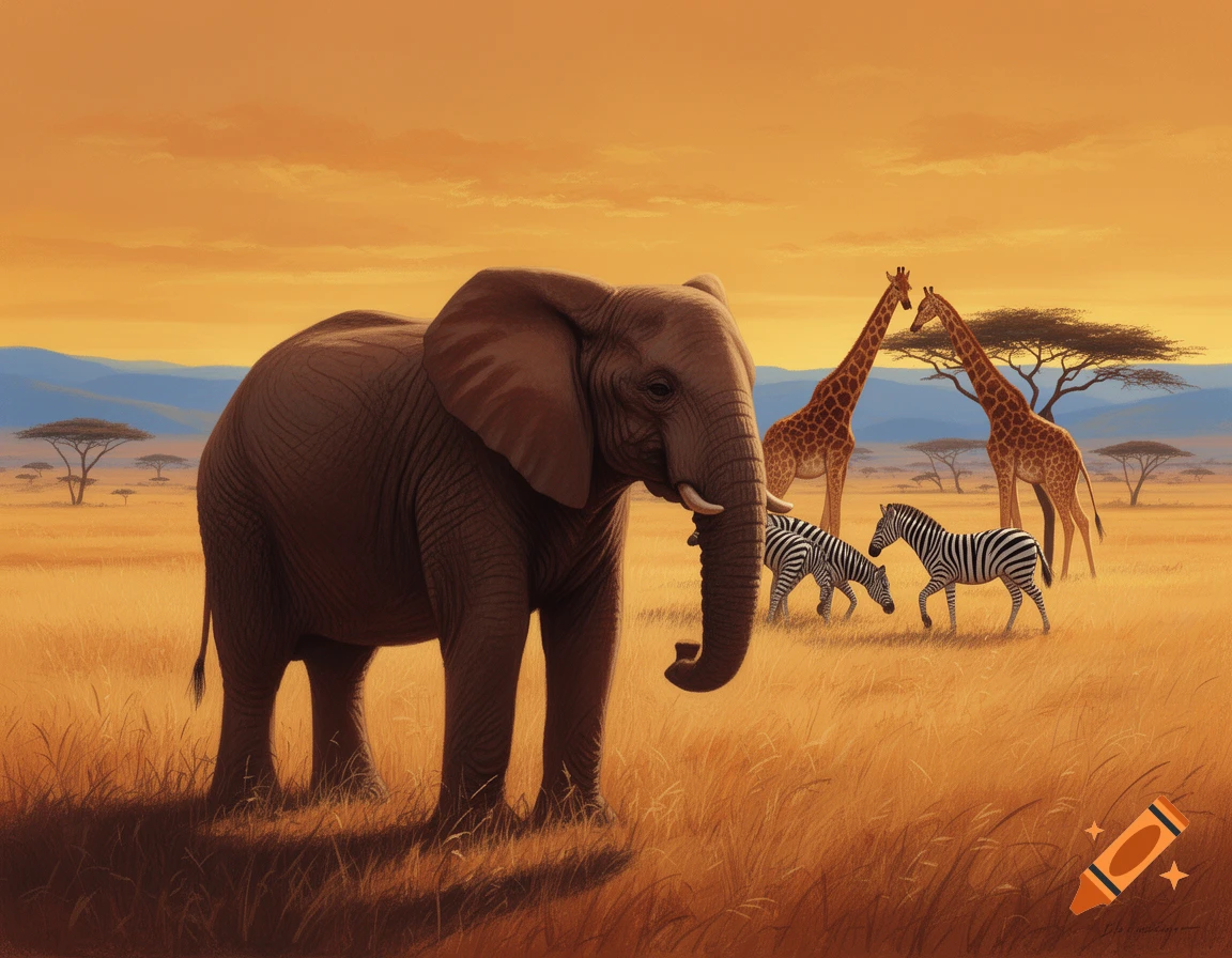 An elephant stands in a golden savanna at sunset, with two giraffes and two zebras in the background.