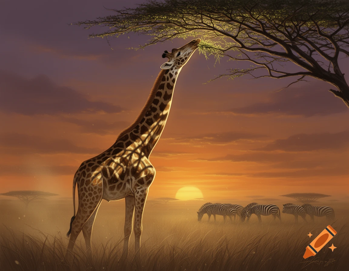 A giraffe stretches its neck to eat leaves from a tree in a savanna at sunset, with zebras in the distance.