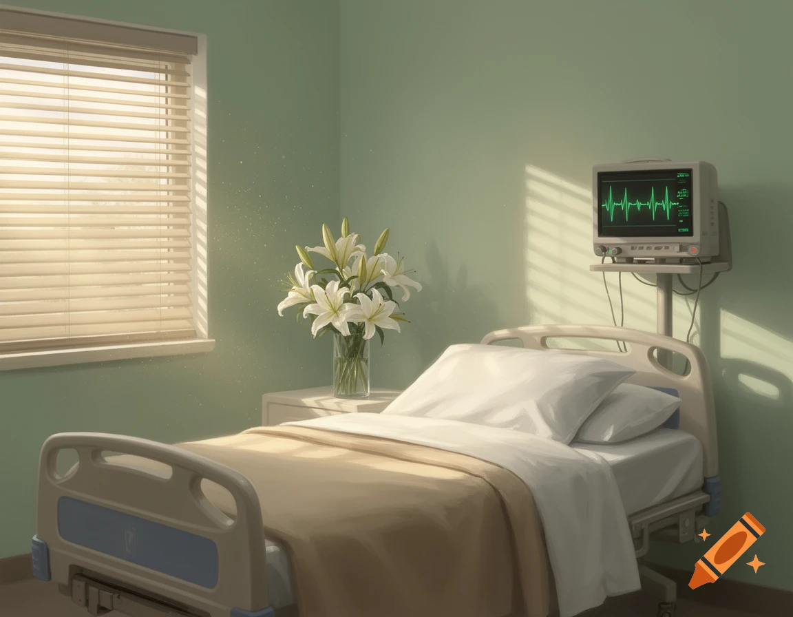 An illustrated hospital room with a bed, a window with blinds, white lilies, and a heart monitor displaying a green waveform.