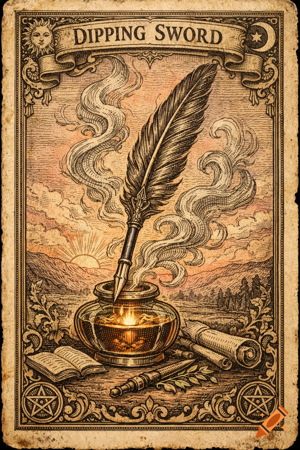 A vintage etching tarot card titled 'DIPPING SWORD', showing a quill as a sword in a glowing inkwell, with sun, moon, and pentagrams in an ornate frame.