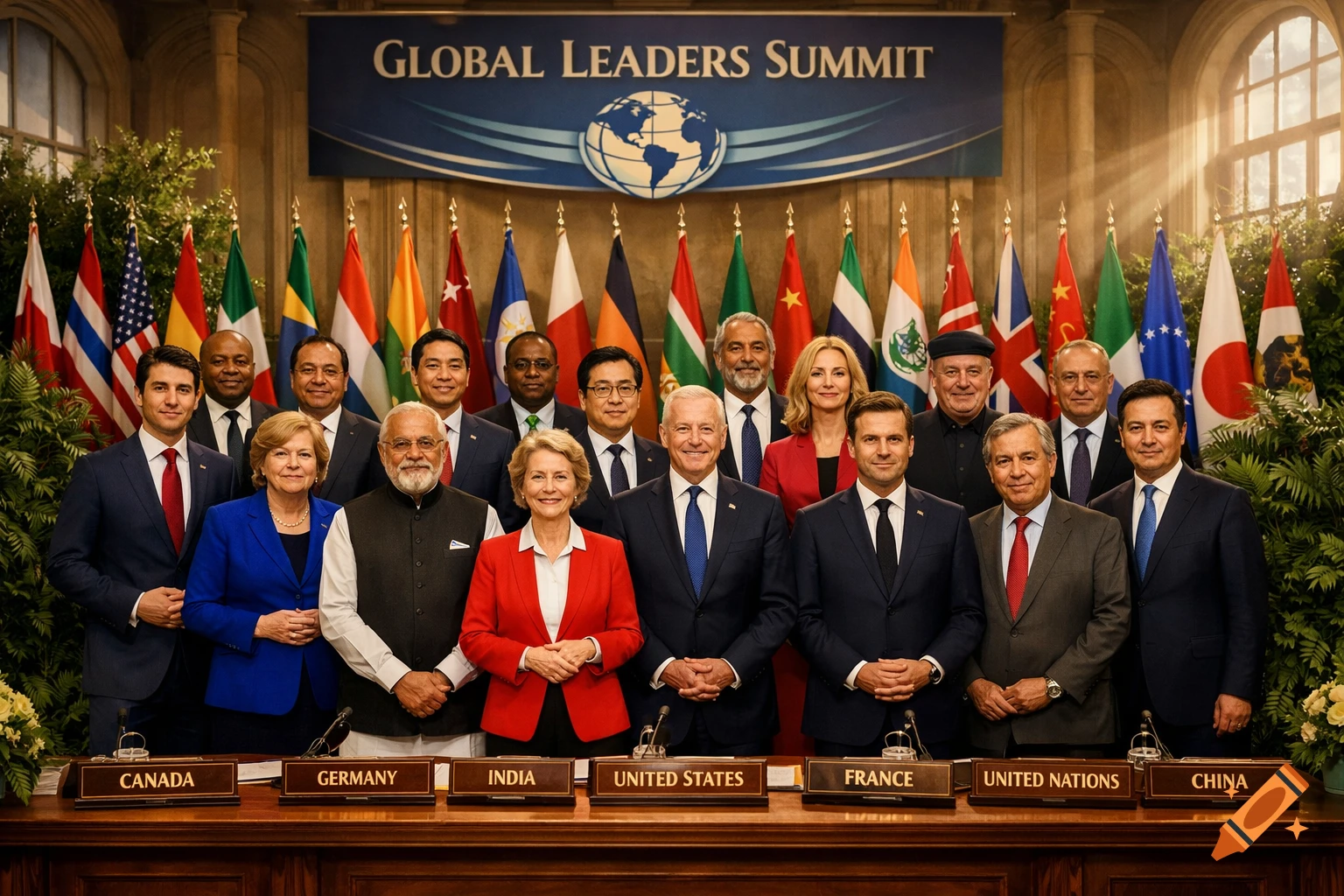 Photorealistic image of diverse world leaders, including Joe Biden, standing before flags and a 'Global Leaders Summit' banner.