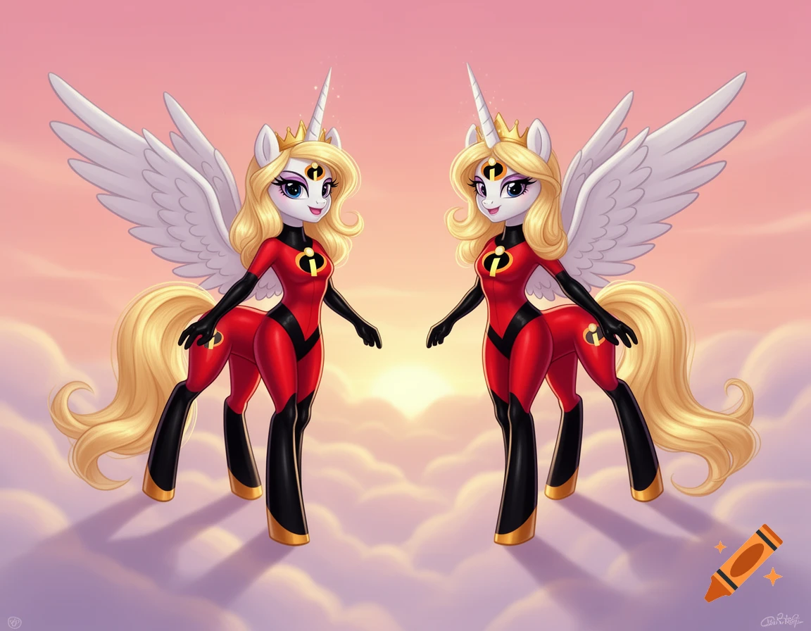 Two blonde Alicorn queens in My Little Pony style, wearing red and black Incredibles superhero suits, standing on clouds.