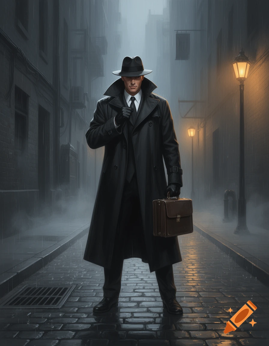 A photorealistic image of a man in a black trench coat and fedora, holding a briefcase, standing in a rainy city alley.