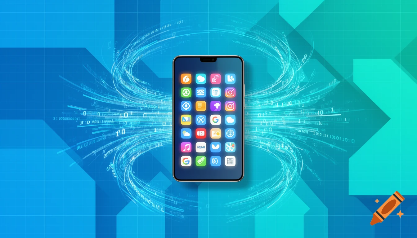 A smartphone displaying app icons, with abstract data streams and binary code flowing outwards on a blue and teal background.