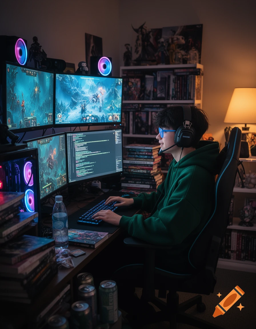 A young person with messy dark hair and blue-light glasses wearing a green hoodie and headphones, gaming at a multi-monitor setup in a dimly lit room, with books, cans, and a water bottle on the desk.