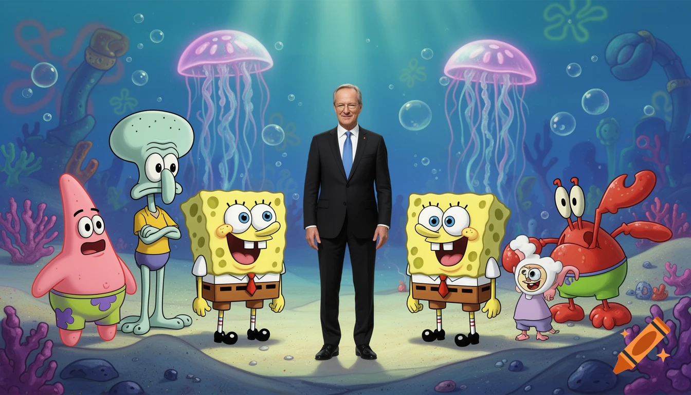 A German politician in a suit stands underwater with Spongebob, Patrick, Squidward, and Mr. Krabs, flanked by jellyfish.