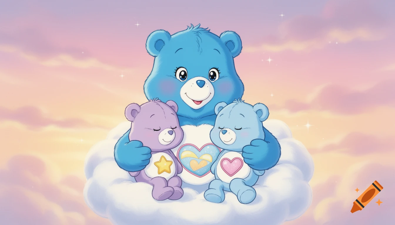 A large blue Care Bear lovingly holds a purple baby bear with a star and a light blue baby bear with a heart, on a white cloud in a pastel sky.