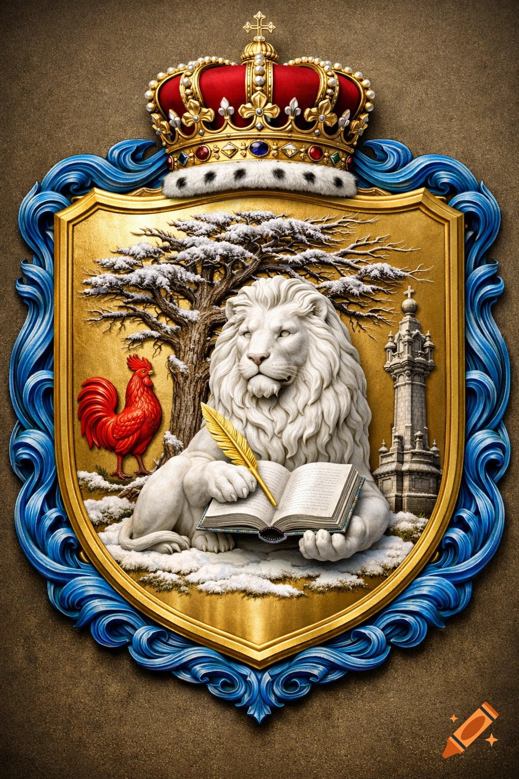 A hyper-realistic royal coat of arms featuring a white marble lion statue reading a book with a quill, a red rooster, and a tower on a golden shield with a blue wavy border, topped by a princely crown.