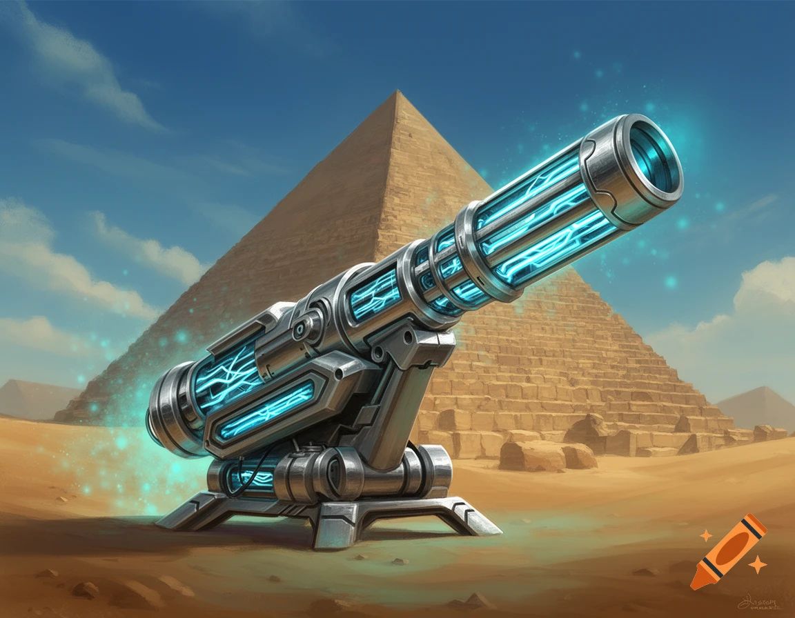 A futuristic plasma cannon glowing blue, set against a backdrop of ancient Egyptian pyramids in a desert landscape, in a digital painting style.