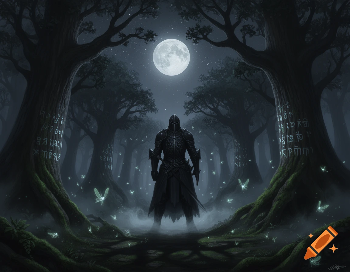 A dark fantasy image of a knight standing in a moonlit forest with glowing butterflies and mysterious runes on ancient trees.