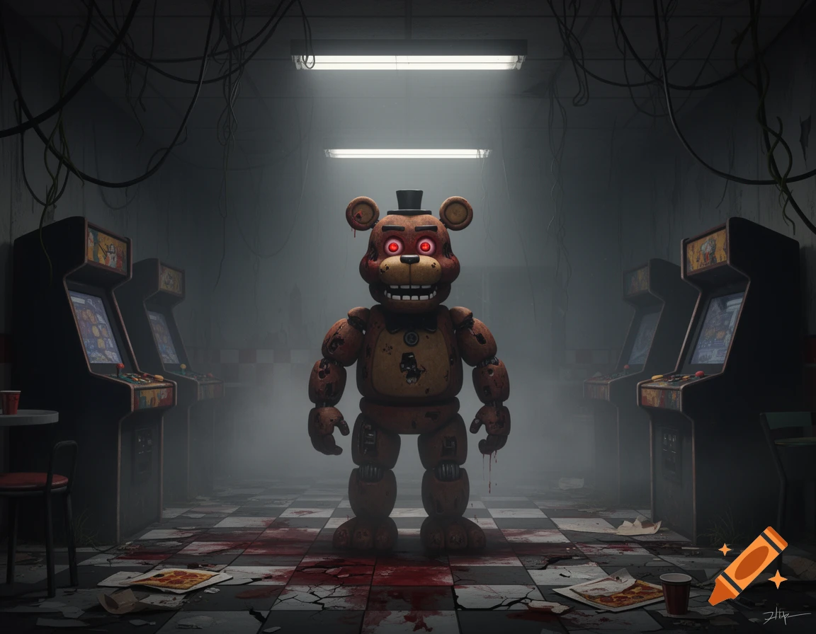 Freddy Fazbear stands menacingly in a dark, blood-splattered arcade with retro machines and debris on the floor, glowing red eyes staring.