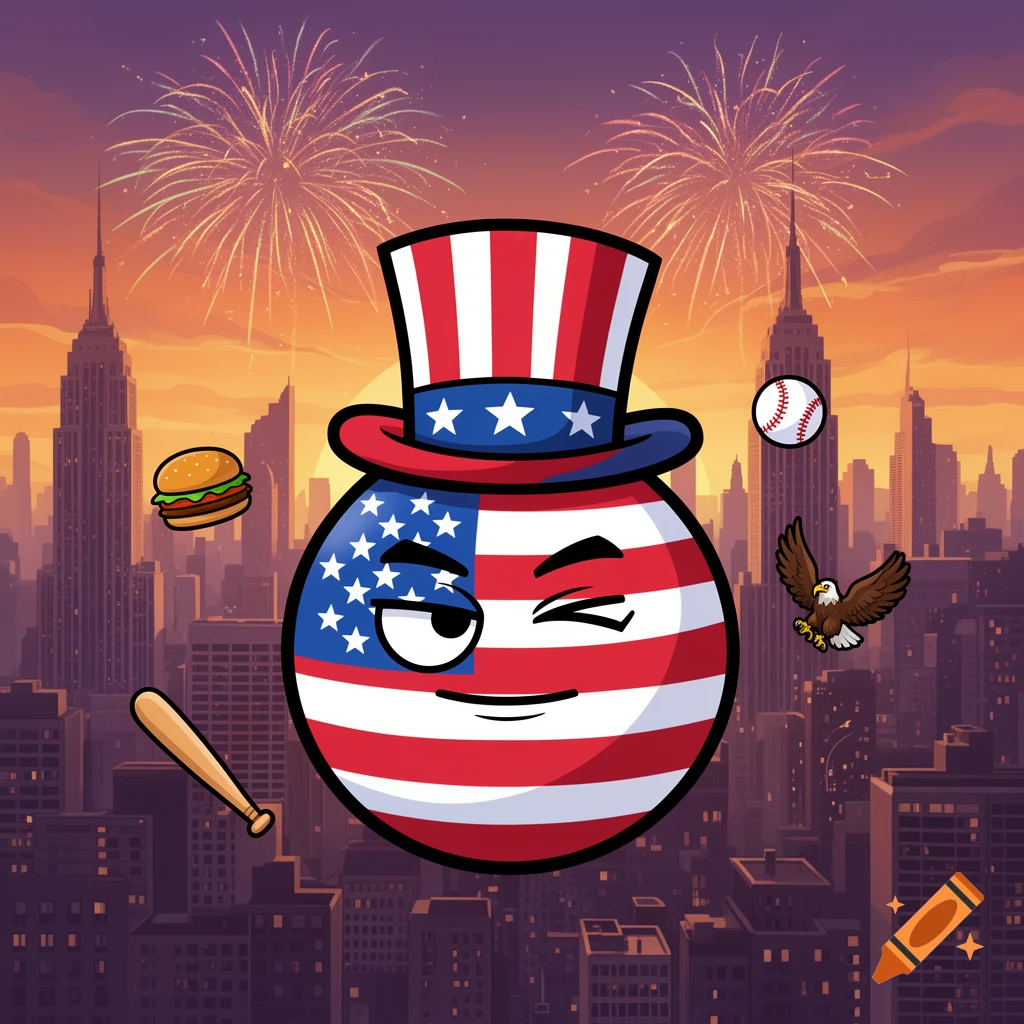 Cartoon USA countryball in an Uncle Sam hat winks over a city skyline with fireworks, a hamburger, baseball, bat, and eagle.