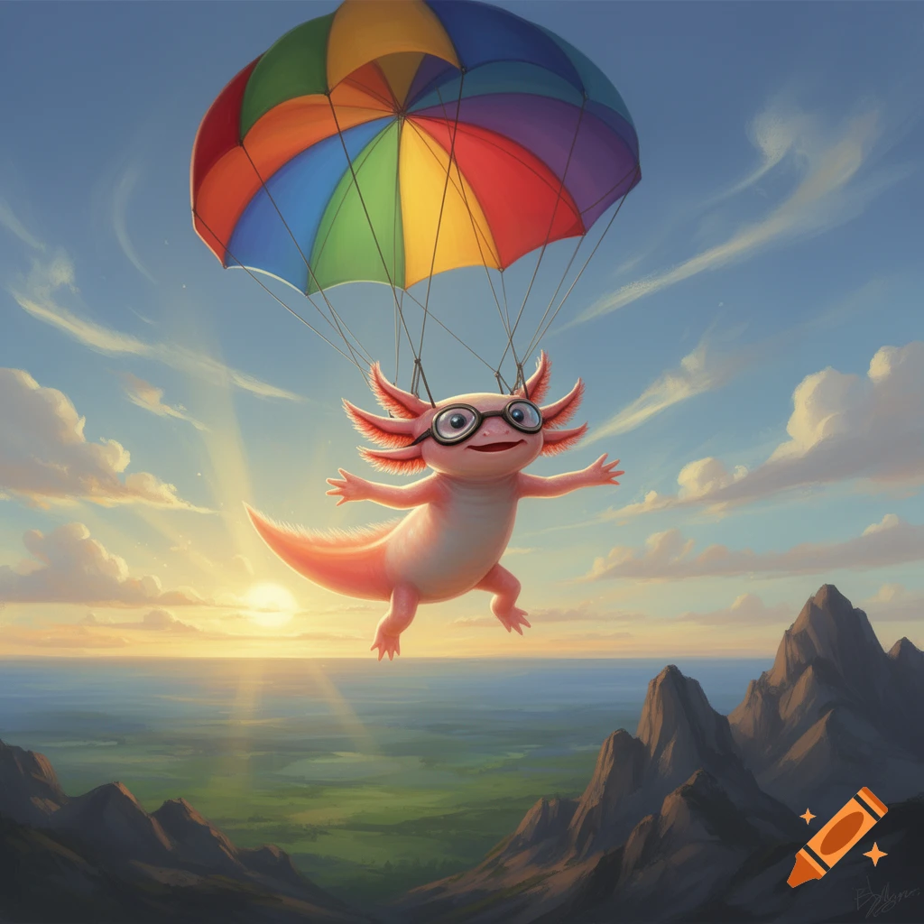 A happy pink axolotl wearing round glasses parachutes with a rainbow umbrella over a vast mountain and water landscape at sunset.