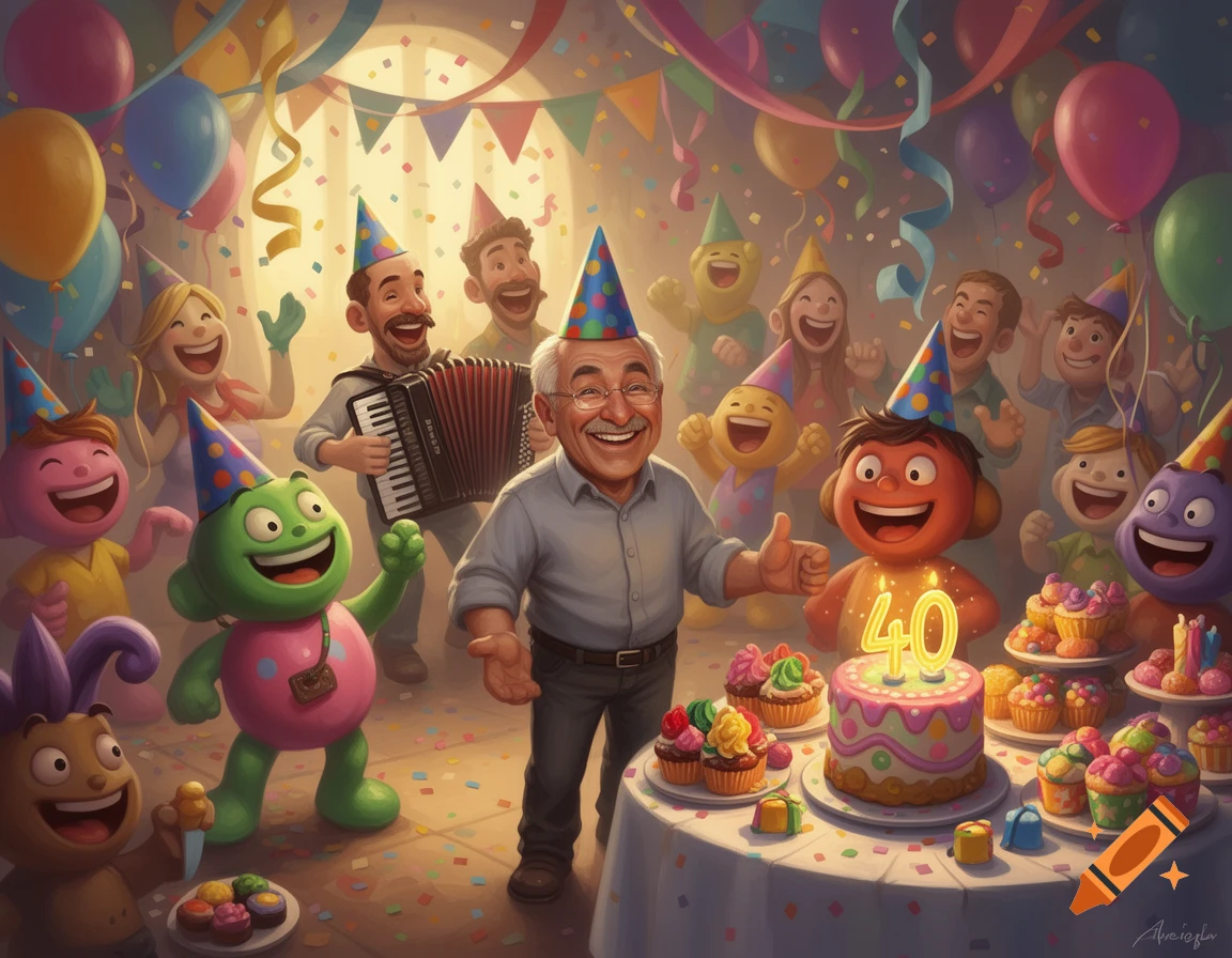 Vibrant cartoon illustration of a lively birthday party with an older man, an accordion player, and various happy cartoon characters celebrating around a cake with '40' candles.