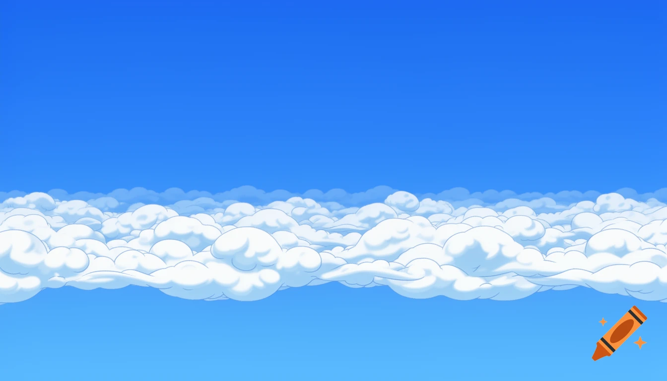 A cartoon-style blue sky with a band of fluffy white clouds extending across the horizon, resembling a video game skybox.