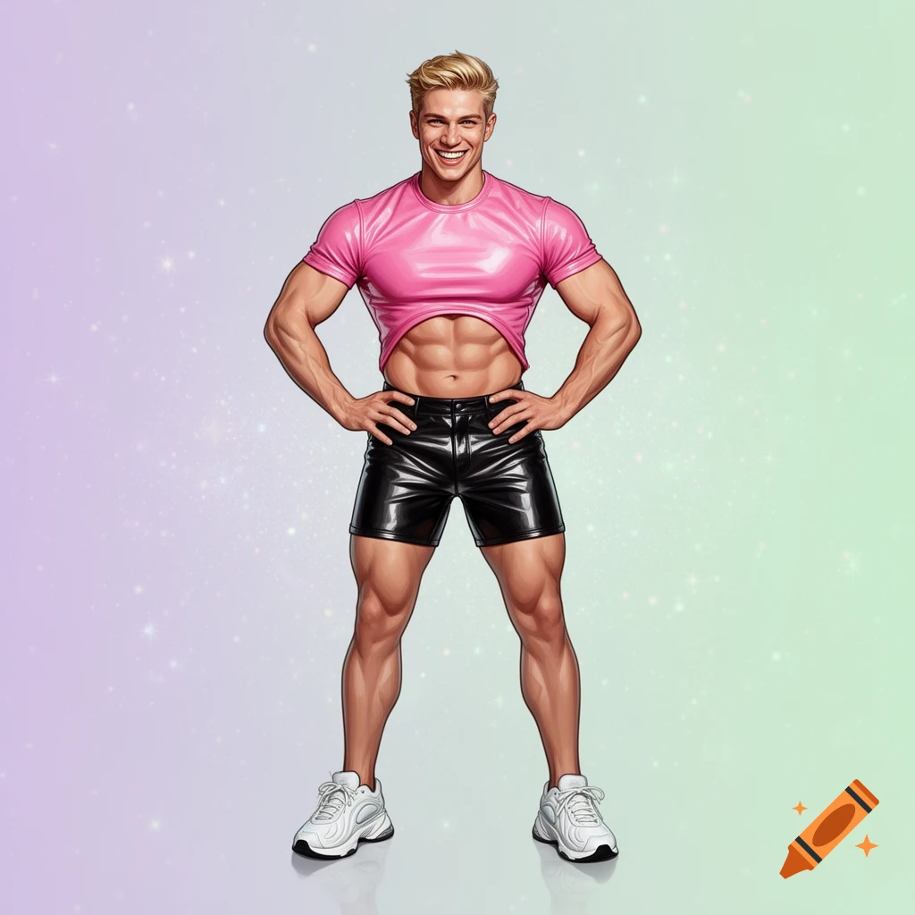 A smiling, muscular man with blonde hair in a pink cropped t-shirt and black leather shorts, hands on hips, against a sparkly pastel background.