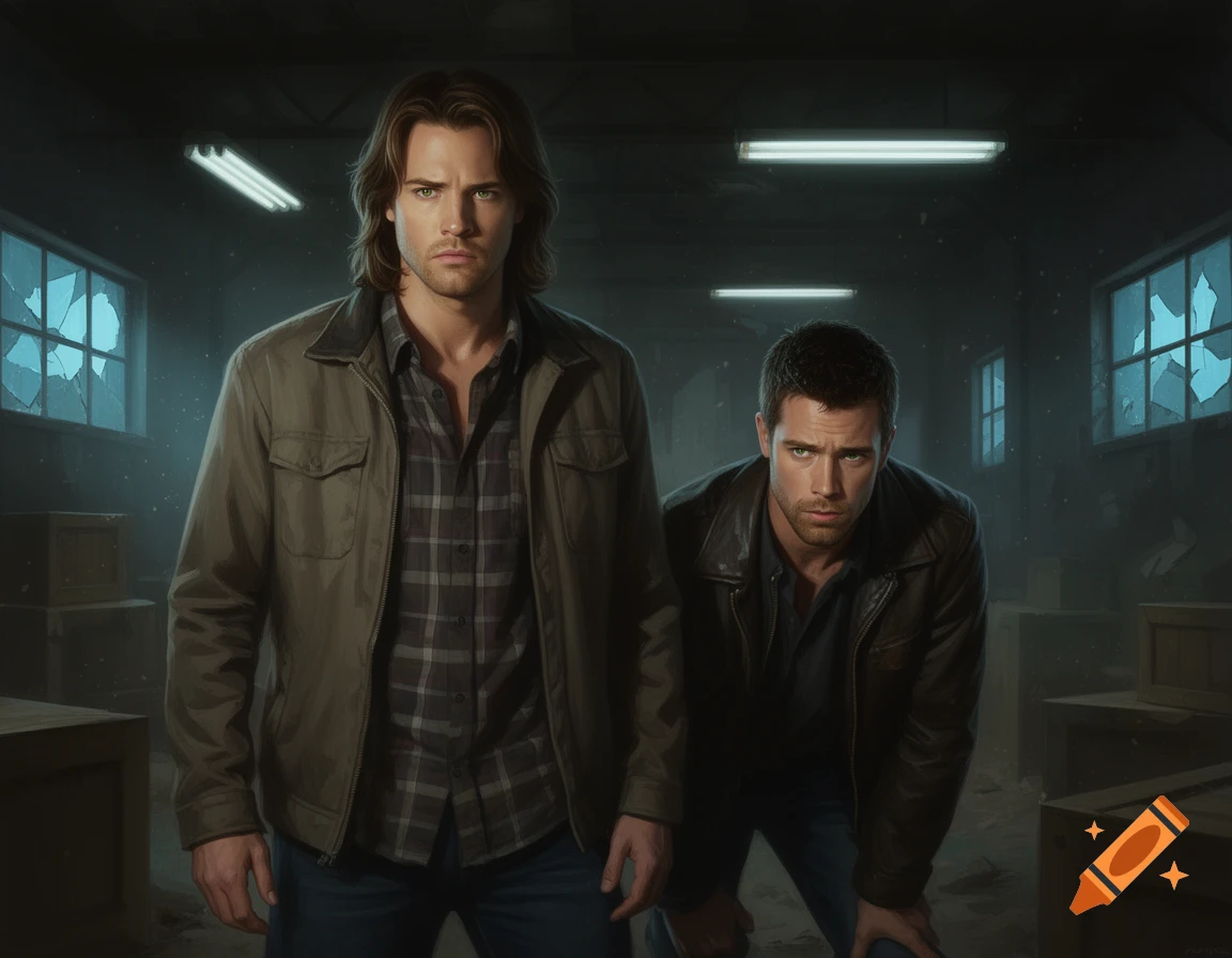 Digital painting of two serious men, one tall with long hair and one shorter with short hair, in a dimly lit room with broken windows and crates.
