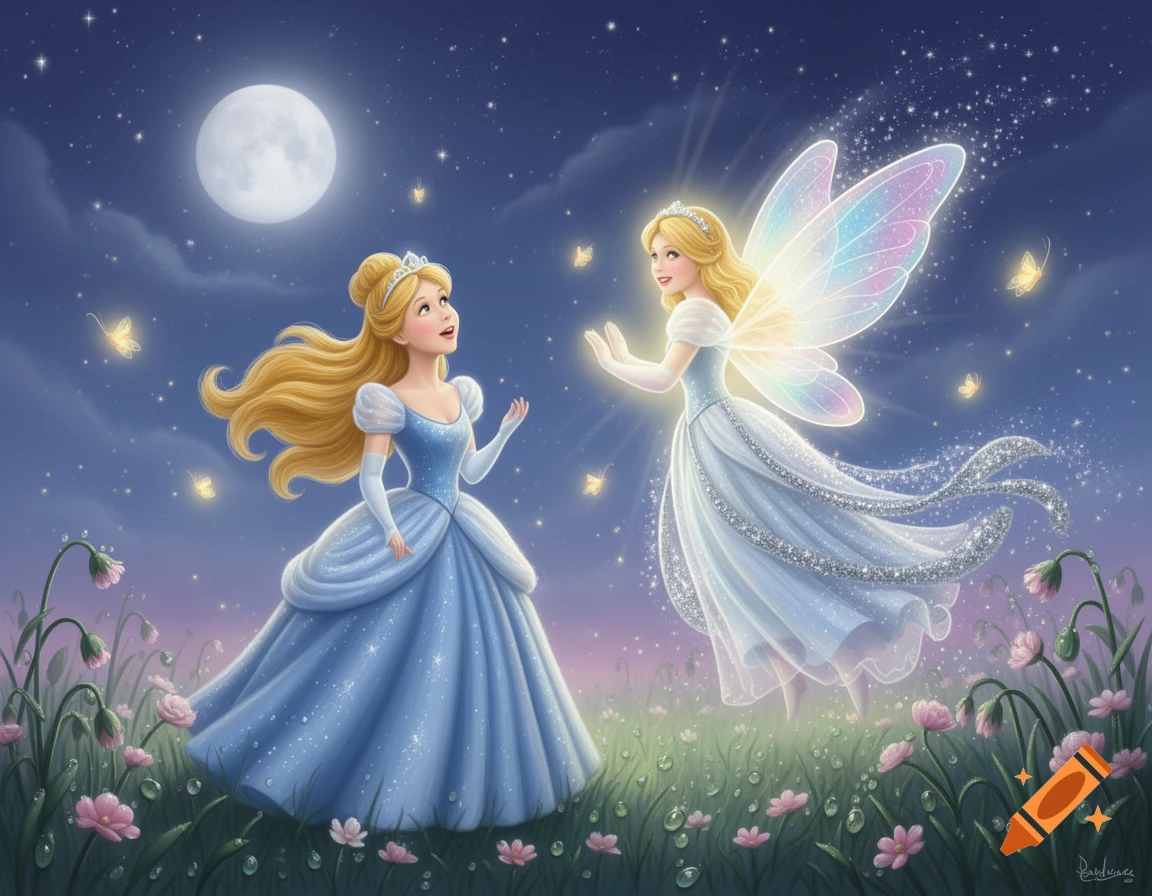 Cinderella looks up at a sparkling fairy with iridescent wings in a moonlit field with flowers and butterflies, in a whimsical illustration.