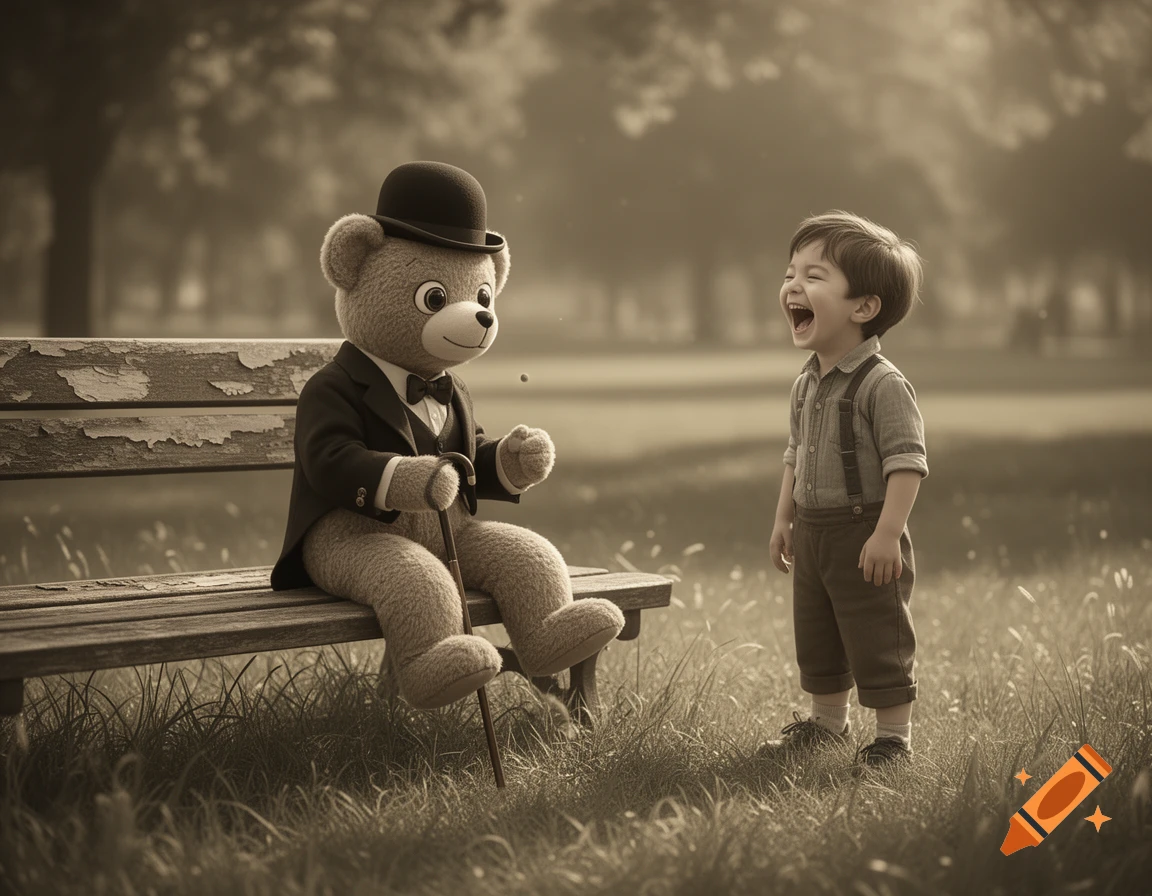 Sepia-toned image of a teddy bear in a bowler hat and suit sitting on a park bench, next to a laughing young boy.