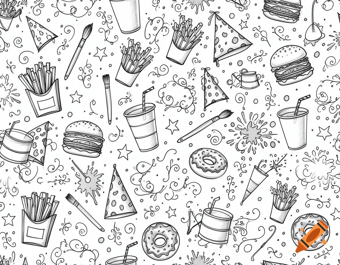 A seamless black and white sketchy pattern of burgers, fries, donuts, drinks, party hats, paint brushes, and stars on a white background.