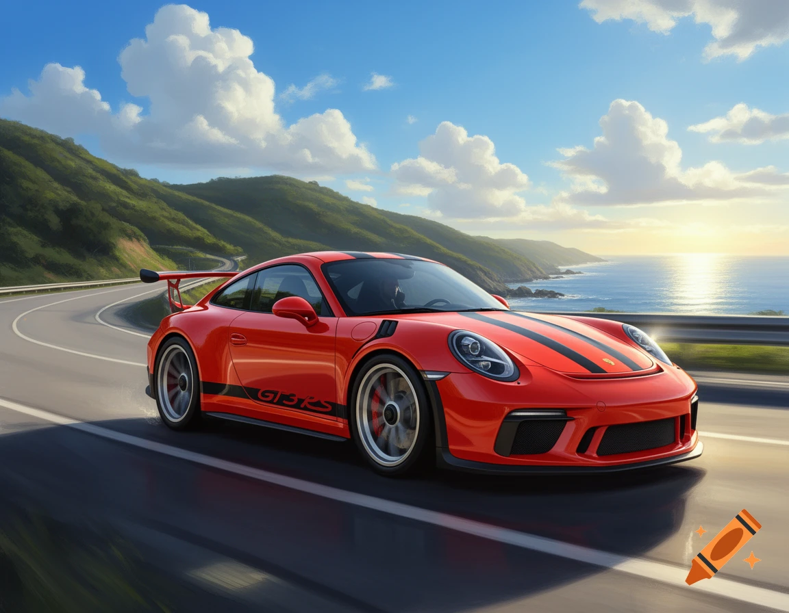 A red Porsche 911 GT3 RS with black racing stripes drives on a winding coastal road with mountains and ocean at sunset.