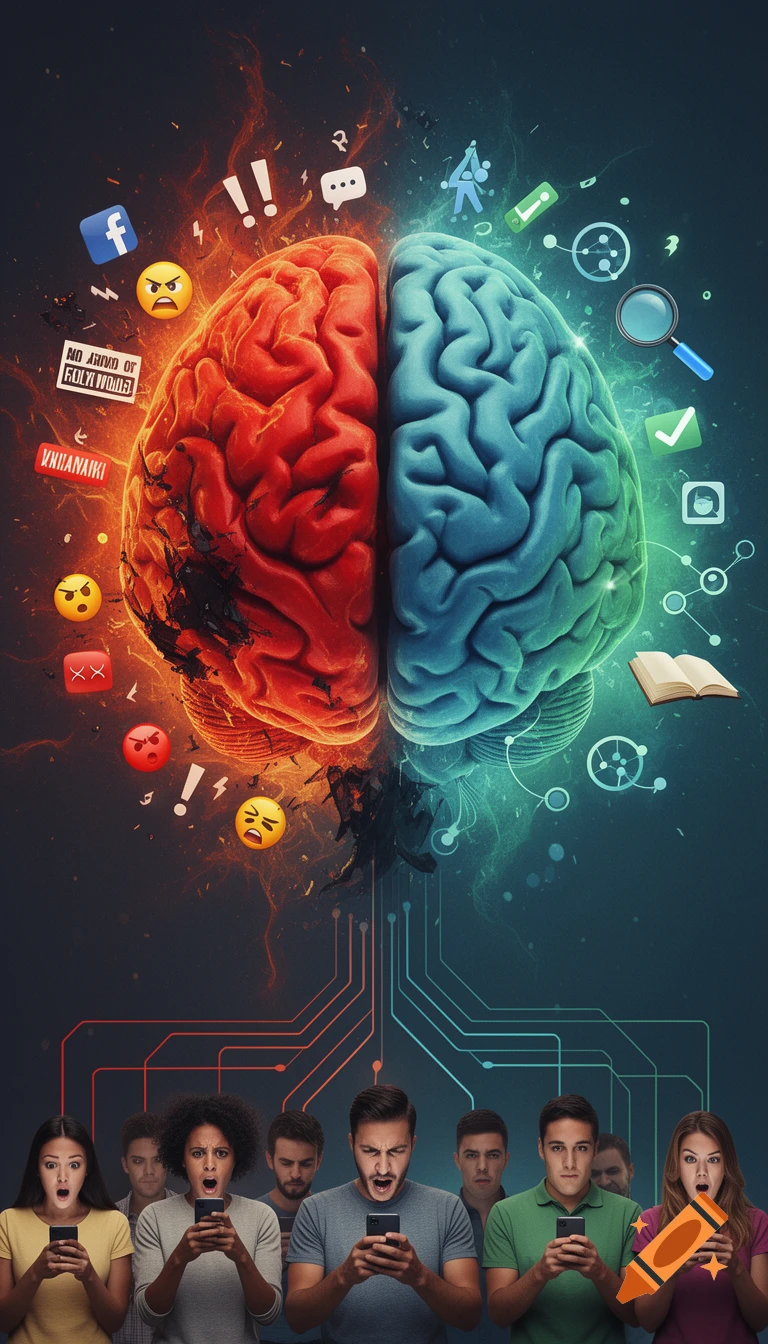 A conceptual image showing a brain split into emotional (red, chaotic) and rational (blue, calm) halves, with people looking at phones below.