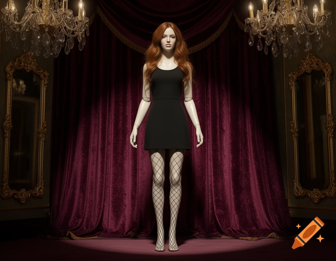 A red-haired mannequin in a black dress and fishnet stockings stands on a stage with red velvet curtains and chandeliers.