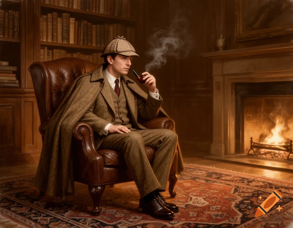A man in Sherlock Holmes attire, including a deerstalker hat and tweed suit, sits in a leather armchair, smoking a pipe in a dimly lit study with bookshelves and a fireplace.