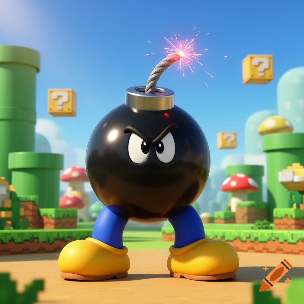 A black Mario Bomb-omb character with a lit fuse stands in a cartoonish 3D Super Mario Bros. landscape.