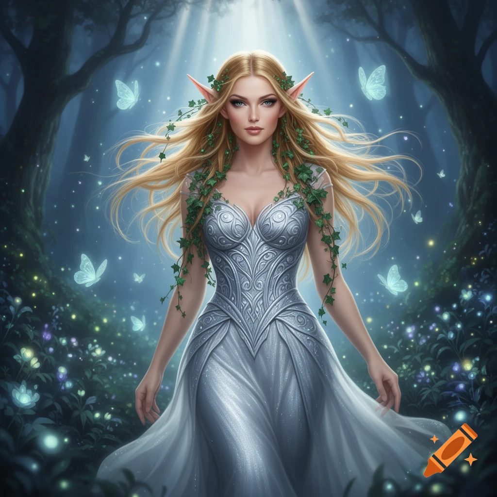 An elegant blonde elf woman in a silver gown adorned with ivy, standing in a mystical forest with glowing butterflies, digital art.