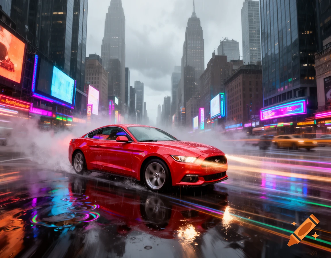 A red sports car speeds through a rainy city street at night, with neon billboards reflecting on the wet asphalt.
