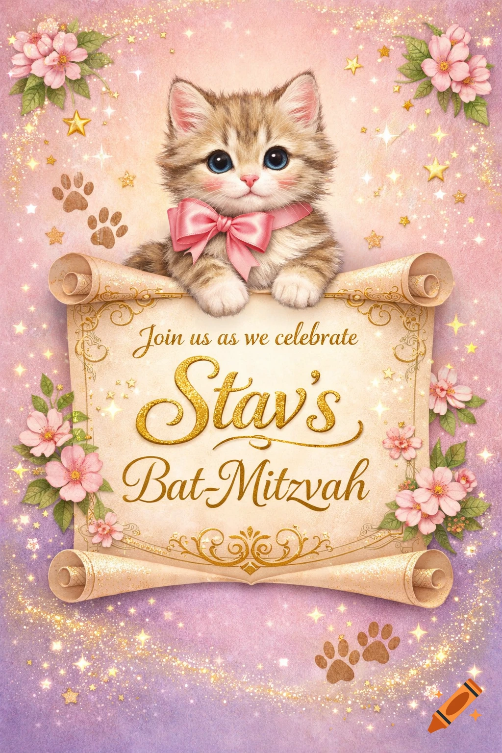 Cute kitten with a pink bow on a scroll with 'Stav's Bat-Mitzvah' text, on a sparkly pink background.
