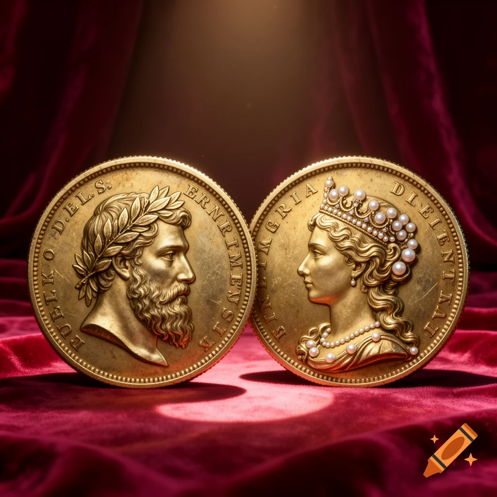 Two ornate golden coins depicting a king's and queen's profile, resting on red velvet fabric.