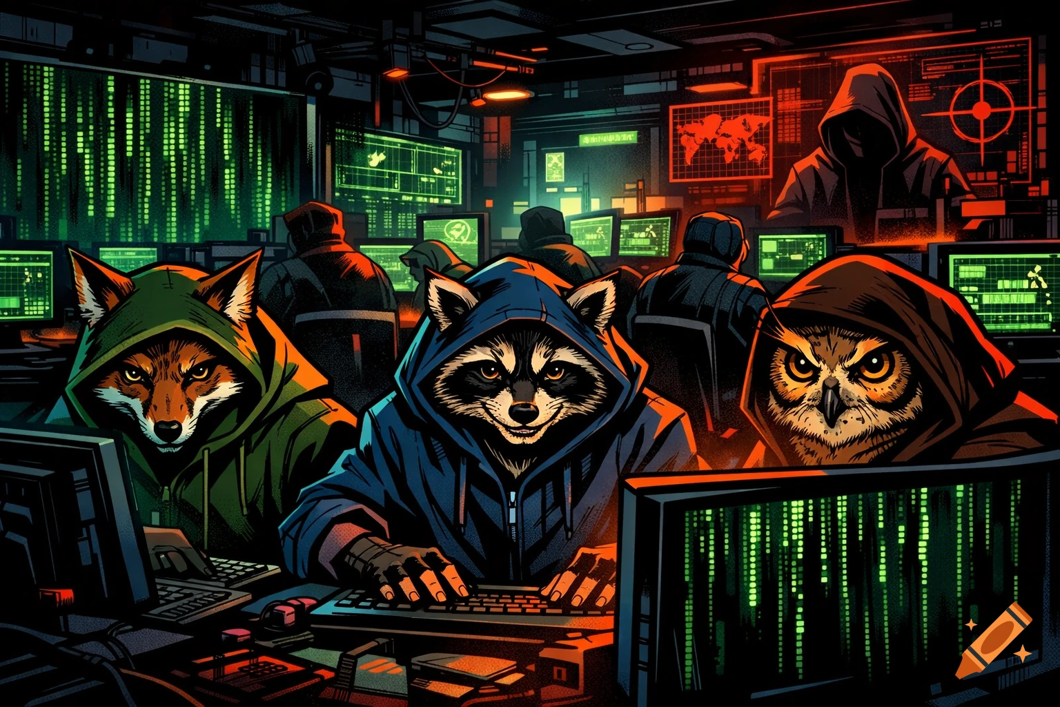 Comic art of anthropomorphic animal hackers (fox, raccoon, owl) in hoodies at computers in a dark, tech-filled ops center with green Matrix code.
