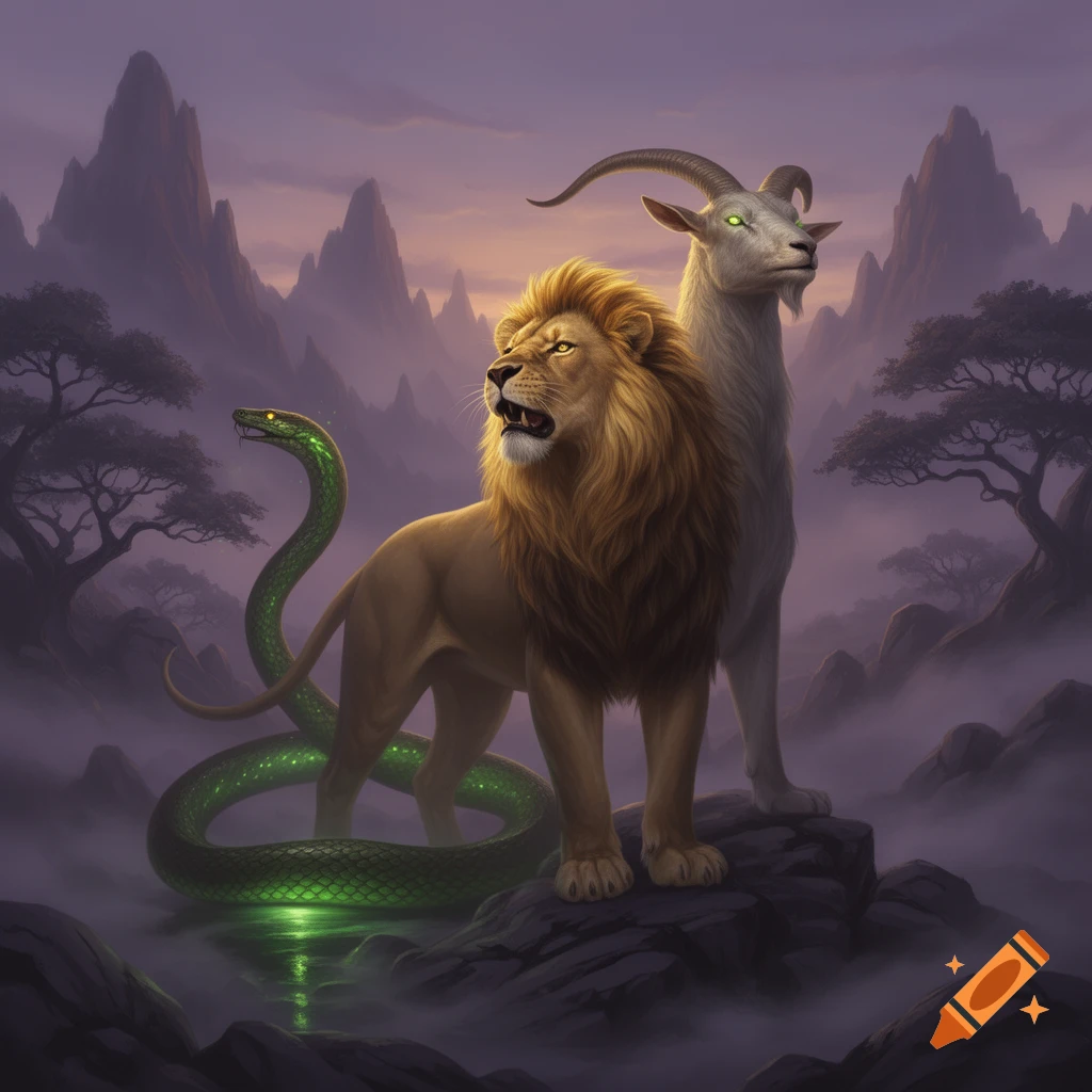 A mythical chimera creature with a lion's body, a goat's head, and a ...