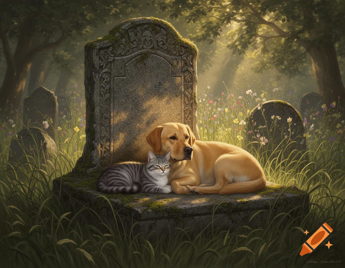 A golden retriever and a tabby cat rest on a mossy tombstone in a sun-dappled graveyard filled with wildflowers. Realistic art.