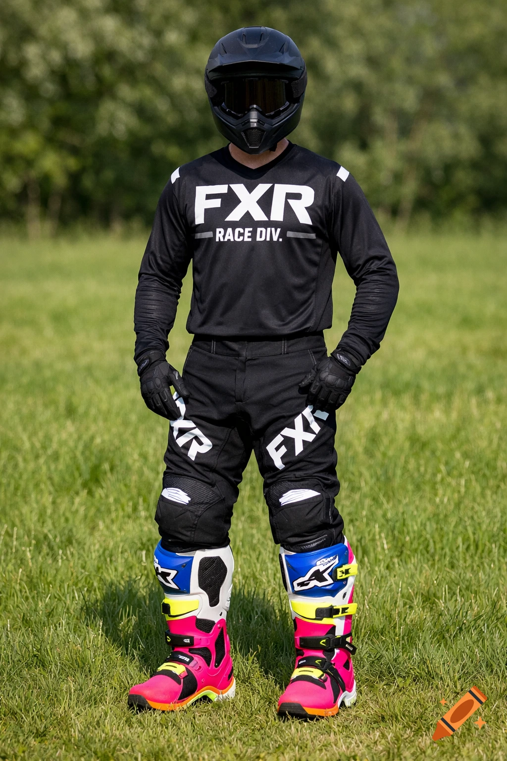 A photorealistic motocross rider stands on grass, wearing black FXR gear and vibrant pink, blue, and yellow Alpinestars boots.