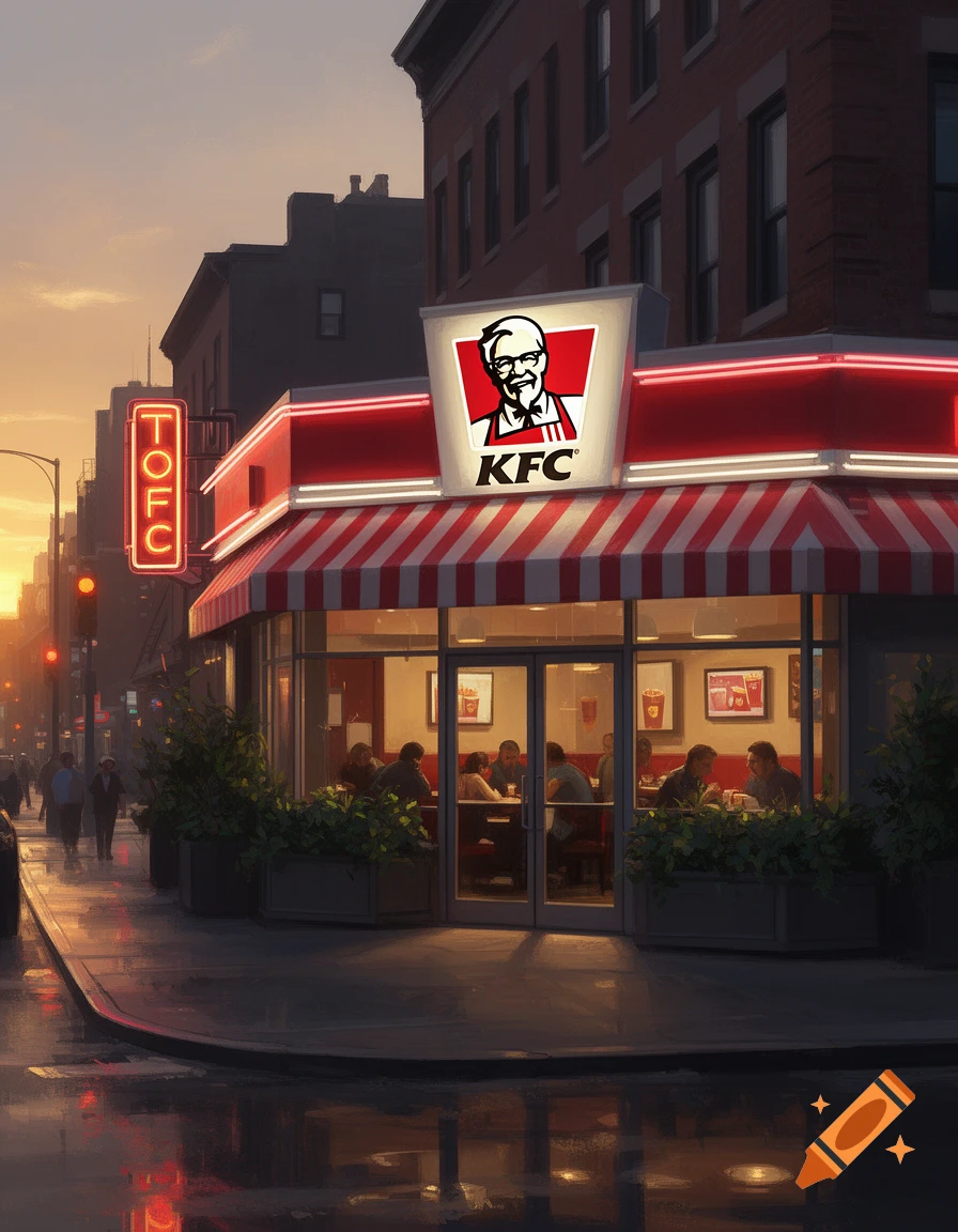 A stylized painting of a KFC restaurant at dusk, with people dining inside and pedestrians on the wet sidewalk reflecting city lights.