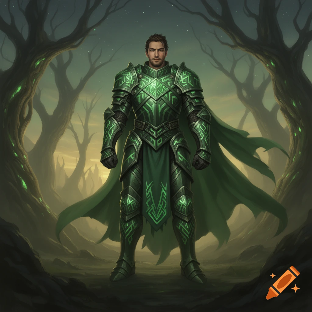 A knight in ornate green armor and a flowing cape stands in a dark, glowing forest at dusk, digital art.