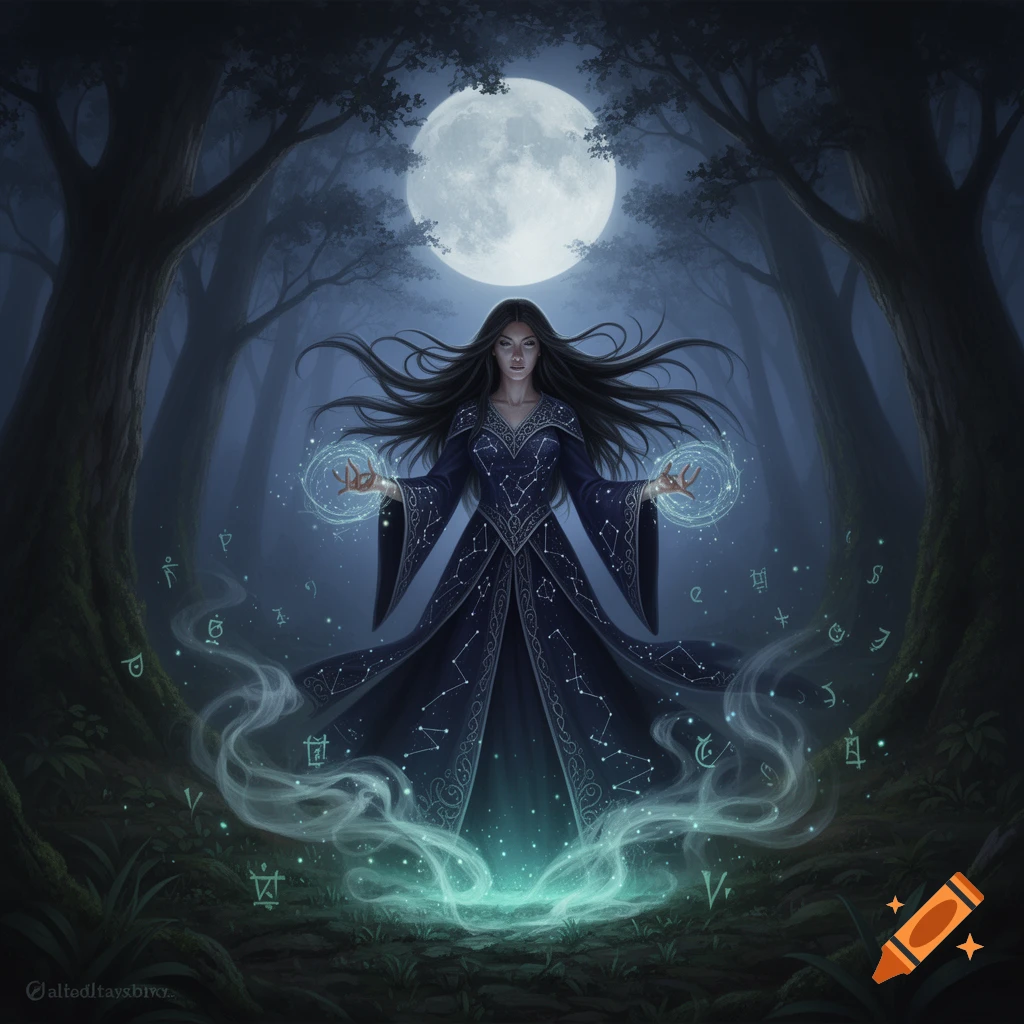A dark-haired sorceress in a star-patterned robe stands in a mystical forest under a full moon, invoking glowing magic from the ground.