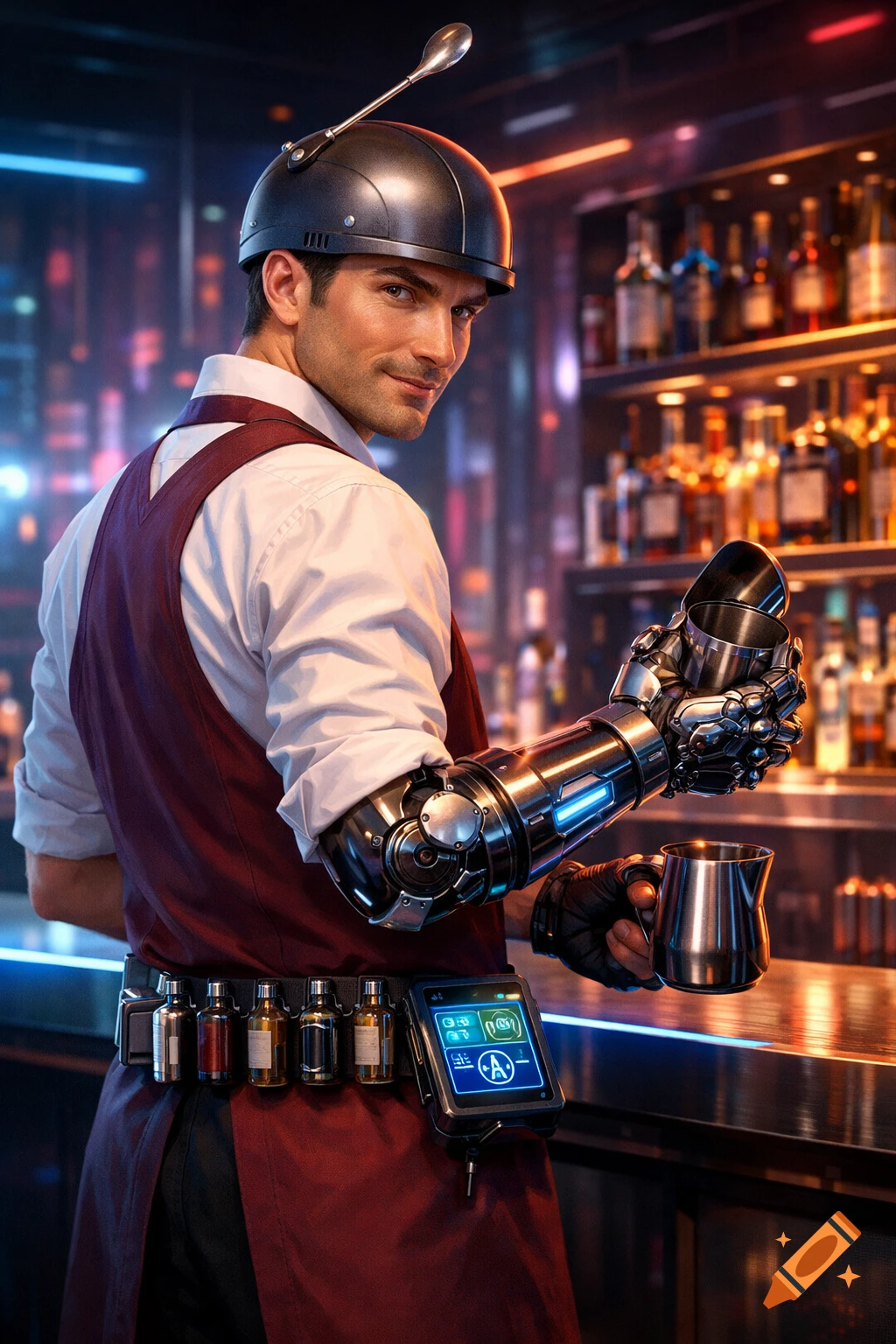A smiling male bartender with a metallic cyborg arm and a helmet with a spoon antenna, stands behind a bar holding shakers, in a futuristic bar setting.