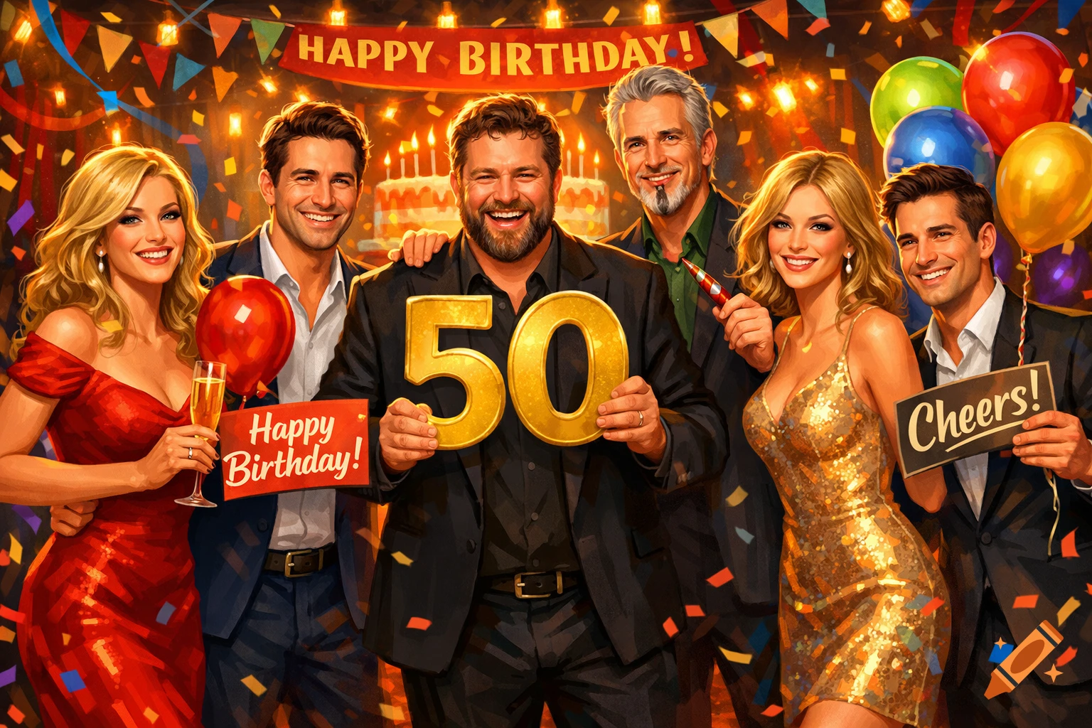 A festive group of three women and four men in elegant attire celebrate a 50th birthday, holding balloons, signs, and the number 50 amidst confetti.