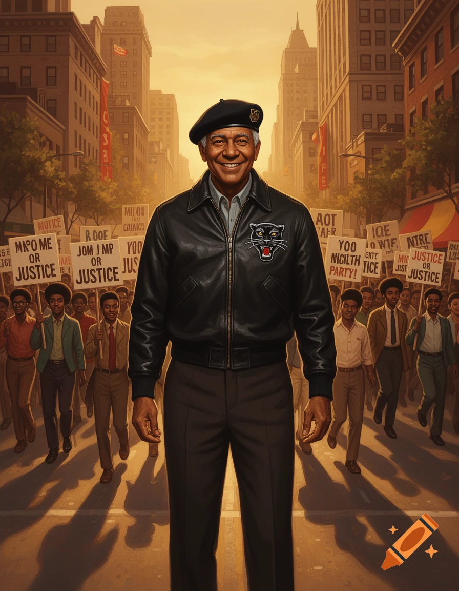 Smiling man resembling Mr. Rogers in a black beret and leather jacket with a panther logo, leading a civil rights-era protest march on a city street.