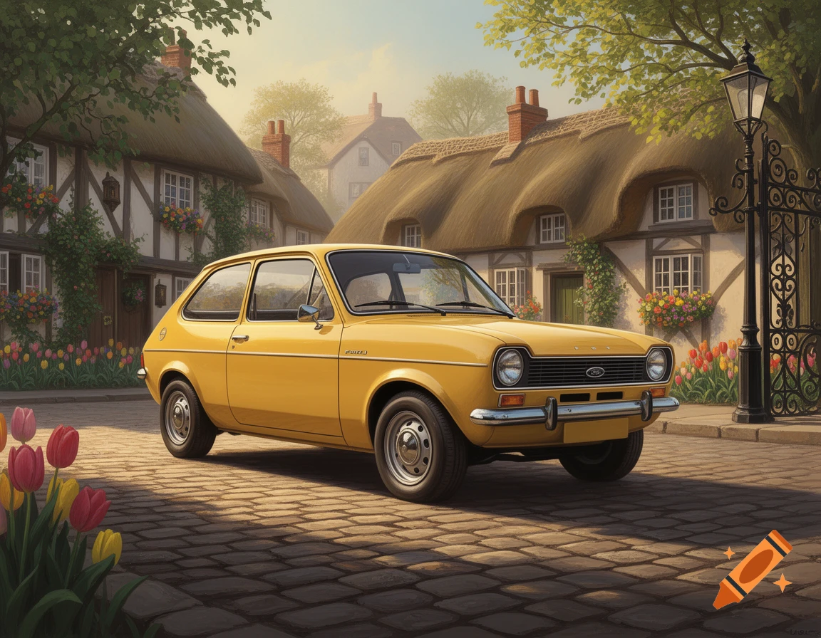 A bright yellow classic Ford Fiesta car parked on a cobblestone street, with quaint thatched-roof houses and flowers in the background.