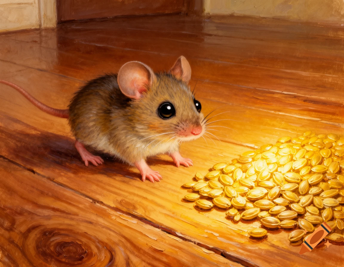 A cute mouse on a wooden floor looking at a pile of golden seeds, in an oil painting children's book style.